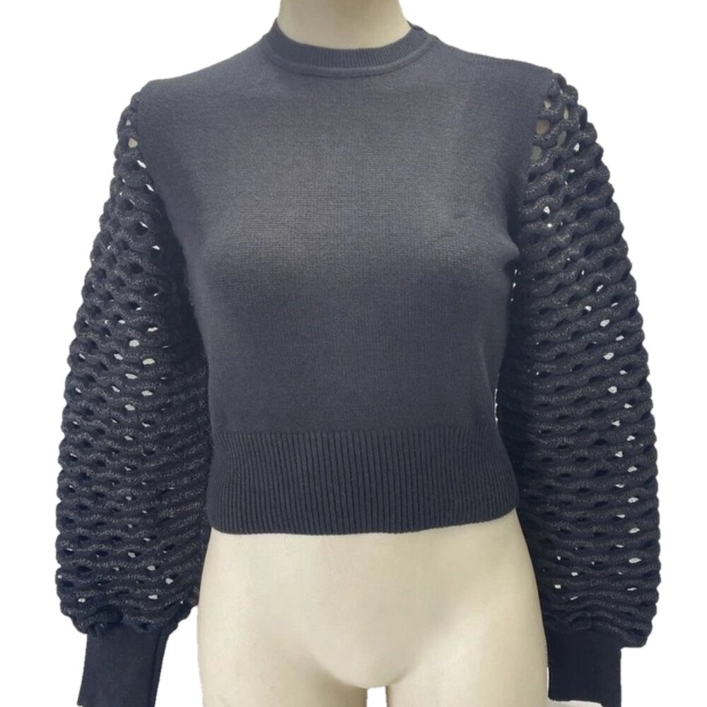 NEW MARIA PAVAN Womens Sequin Braided Long Sleeve Soft Sweater Size M Black